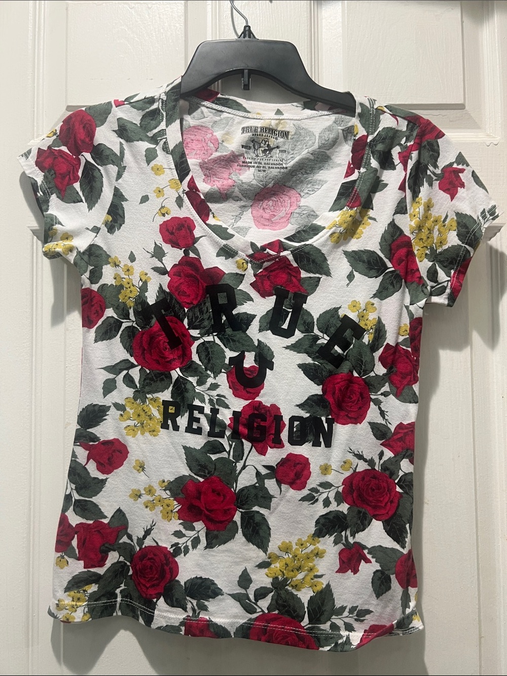 True Religion White Tee with Red Rose Floral Print